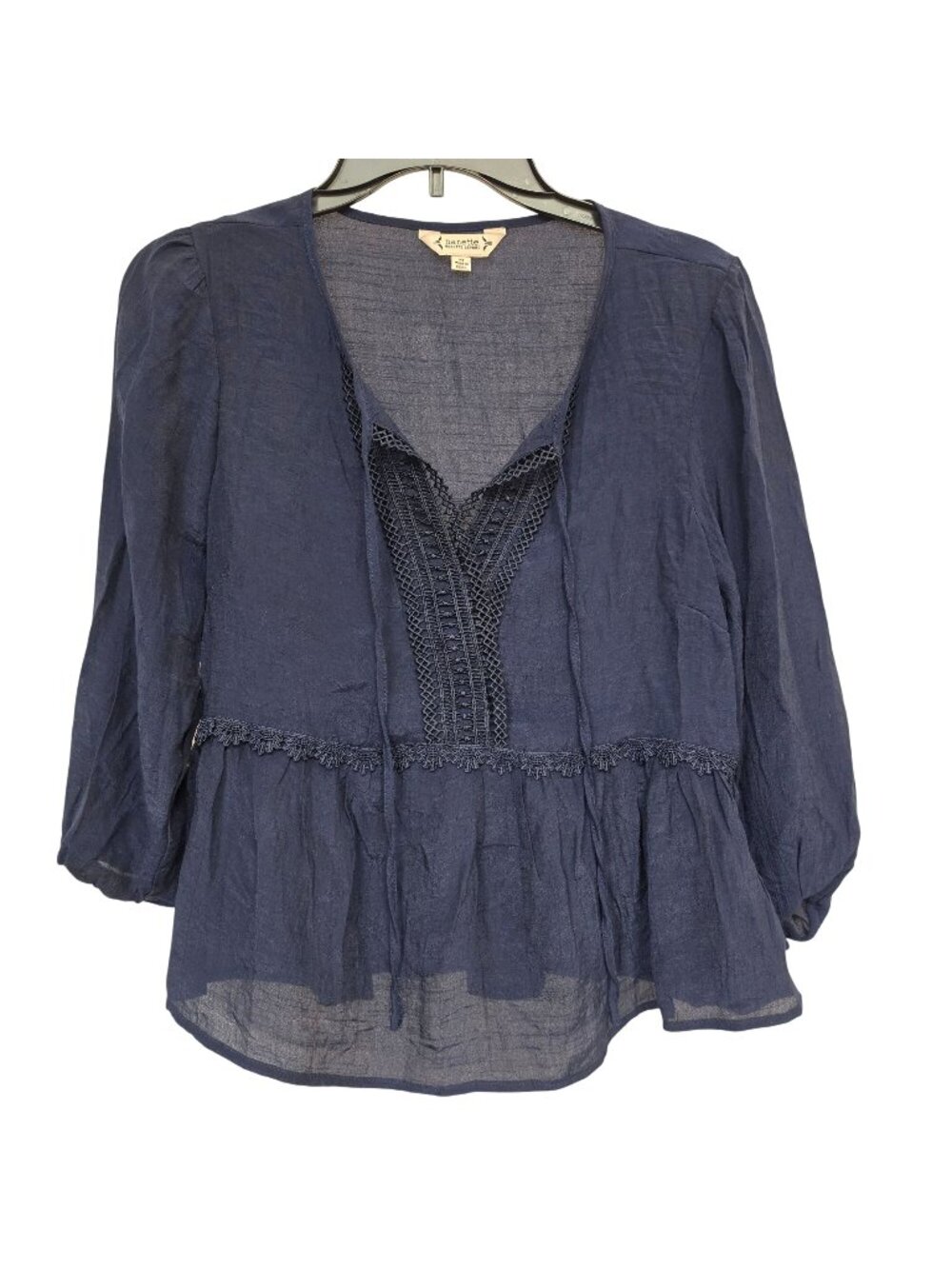 Nanette Lepore Navy Blue Crochet Lace Peasant Blouse M Boho Tassel Tie 3/4 Sleev